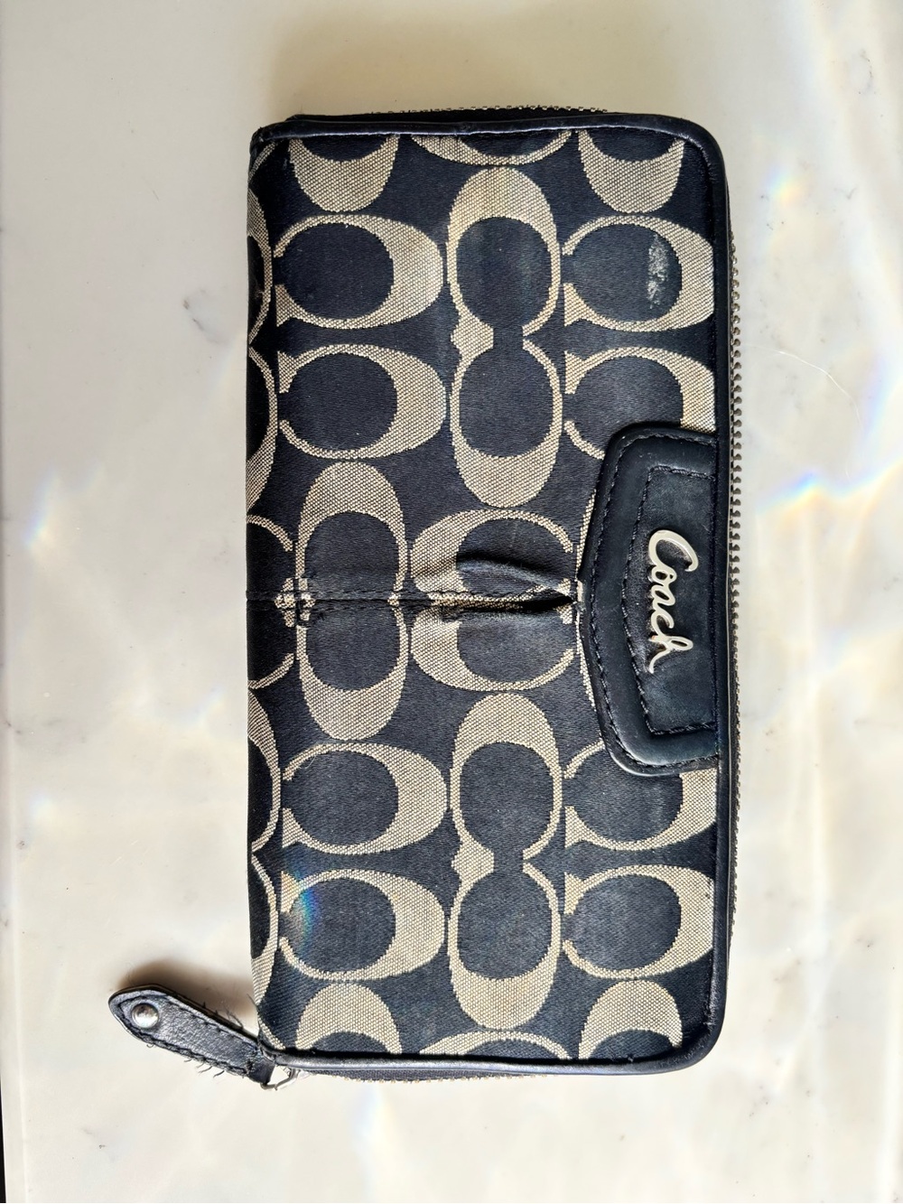 Coach Black and Beige Signature Zip Wallet